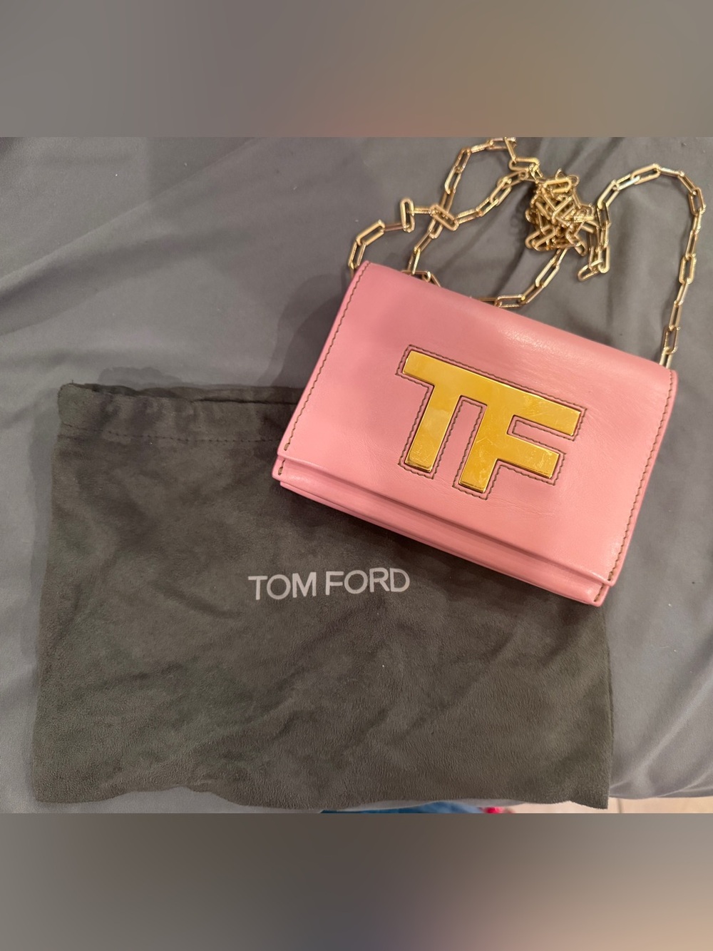 Tom Ford Pink Leather Mini Bag with Yellow TF Logo and Gold Chain